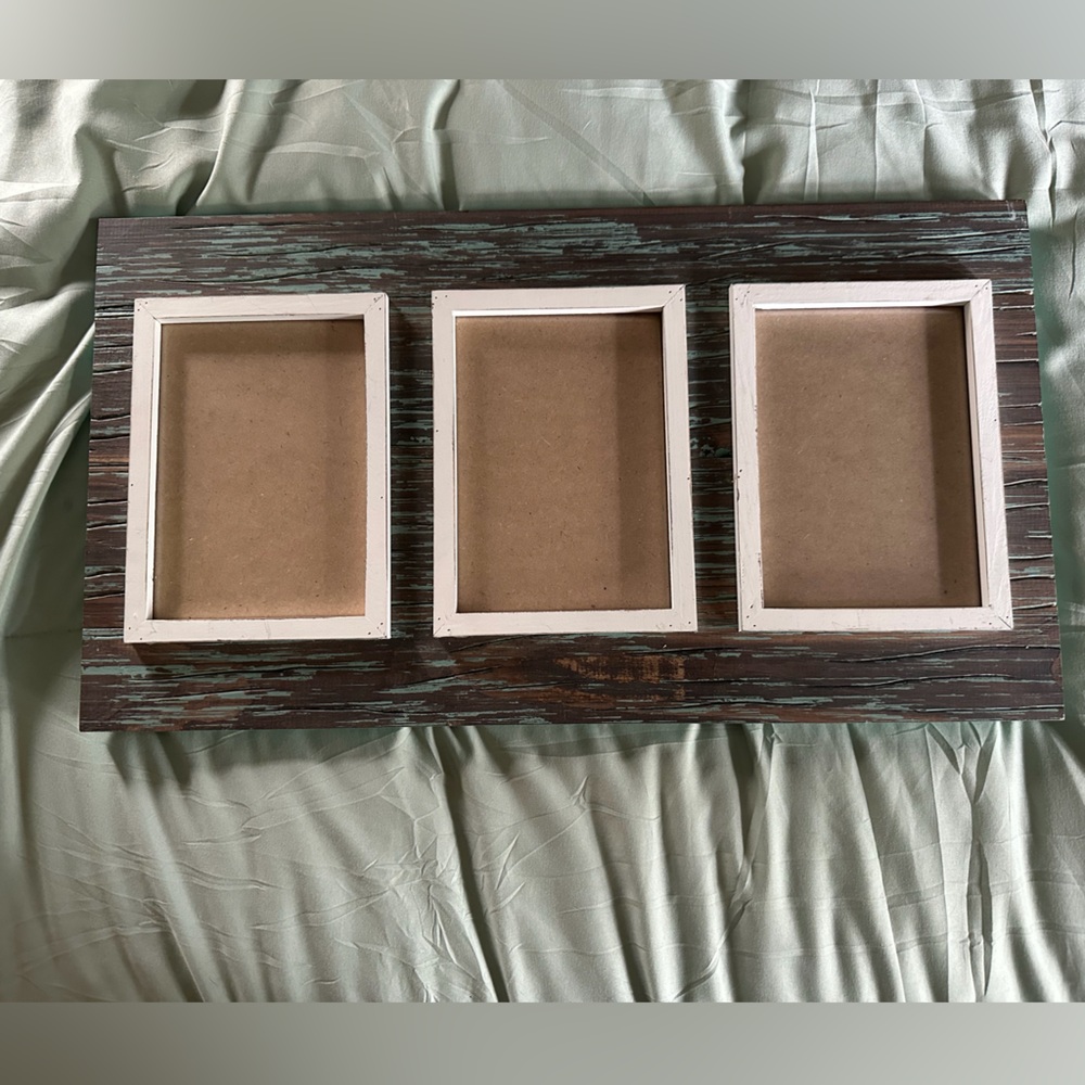 Rustic Triple Photo Frame Panel in White and Teal